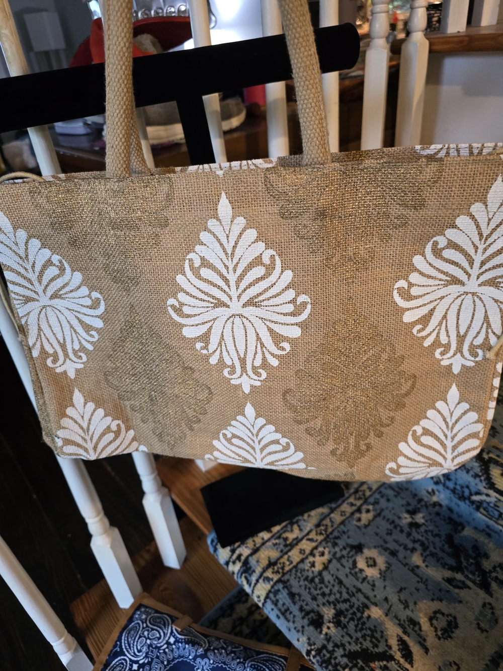 Neutral Jute Tote with White Damask Print